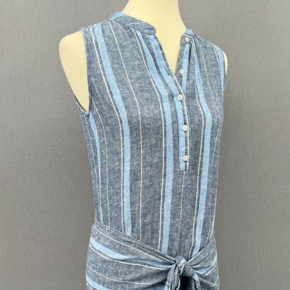 Drew Dress Womens XS Morgan Blue Striped Sleeveless Tie Front Linen Blend Shift - Picture 6 of 12